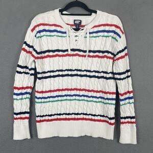 Lands End Sweater Pullover Womens M White Lace-Up Cable-Knit Striped Long Sleeve